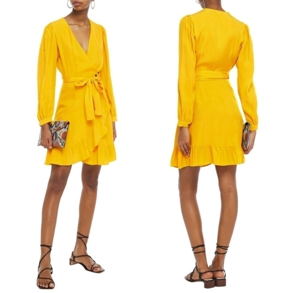 New Maje Seya Ruffled Polka-Dot Jacquard Marigold Wrap Dress NWT 10 US=XL/42 FR - Picture 7 of 10